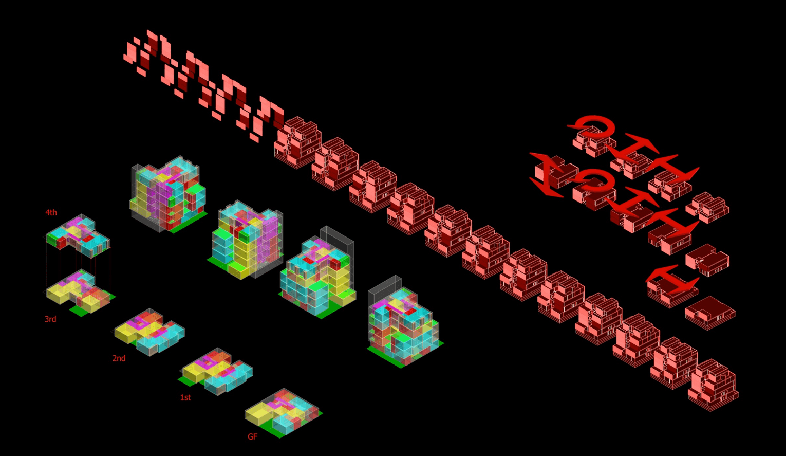 A modular system that allows an infinity of building and mass configurations from of a handful of floor plans